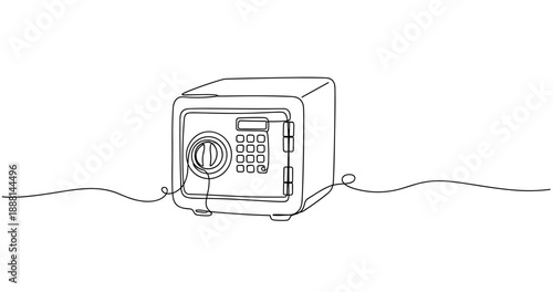 Continuous line drawing of a secure safe box with numeric lock on white background. Non editable stroke