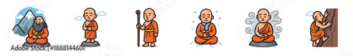 Set of six cartoon Buddhist monk character icons showing various spiritual activities like meditation, climbing, and pilgrimage in a simple, clean illustrative style