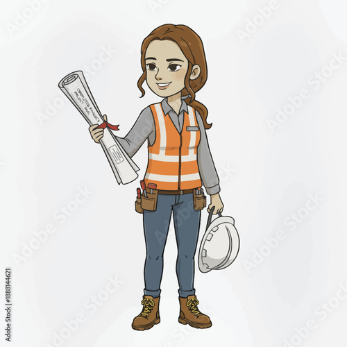 Cartoon character of a female architect or engineer holding blueprints and a hard hat
