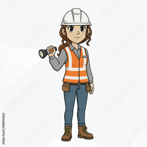 Cartoon woman construction worker holding a flashlight ready for work on site