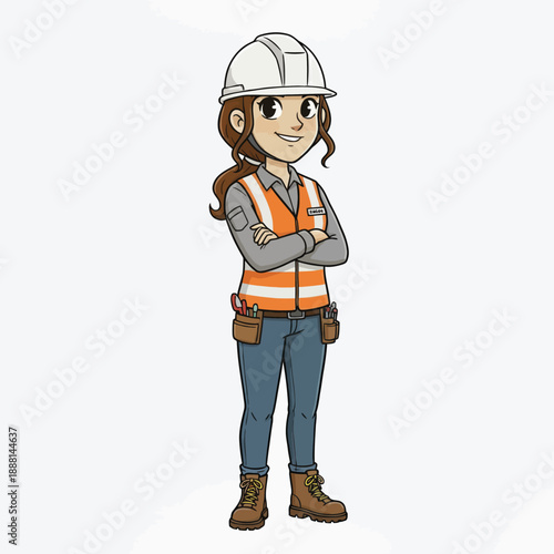 cartoon woman construction worker in high visibility vest and hard hat with arms crossed