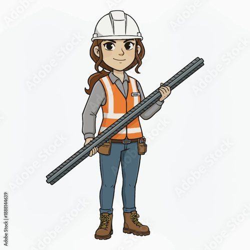 Cartoon female construction worker in safety gear holding rebar ready for building projects