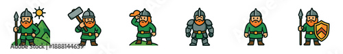 Set of cartoon Viking warrior character icons in various poses, featuring a red beard, helmet, armor, and weapons like a spear, hammer, and shield for a fantasy game