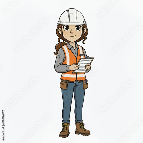 Cartoon character female construction worker in safety gear holding clipboard with documents and