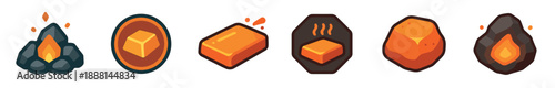Collection of stylized crafting resource icons for a video game UI, featuring a campfire, metal ore, heated ingots, and smelted bars in a flat cartoon illustration style