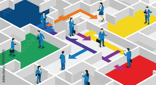 Isometric business professionals navigating a corporate strategy maze.