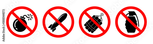 No bomb, No missile, No dynamite, No grenade prohibited ban sign icons set vector illustration