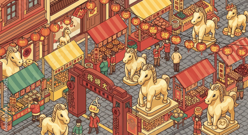 Isometric illustration of a bustling Chinese New Year market with golden horse statues, red lanterns, traditional stalls, and people celebrating the festive atmosphere.