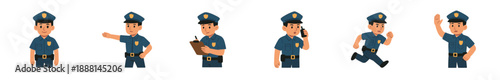 Set of cartoon police officer characters in various poses and actions like running, writing, directing traffic, and talking on a walkie-talkie, a flat vector illustration collection