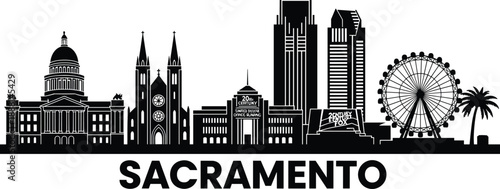 PrintBlack and White Minimalist Sacramento California City Skyline Silhouette Vector Illustration Featuring Iconic Landmarks Like State Capitol and Tower Bridge Isolated on White