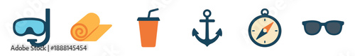 Set of colorful flat design icons for summer vacation and seaside travel, featuring a snorkel mask, rolled towel, beverage, anchor, compass, and sunglasses in a minimalist vector style
