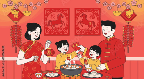 A happy Asian family celebrating Chinese New Year, dressed in traditional attire, sharing a festive meal with dumplings and receiving red envelopes in a beautifully decorated home.