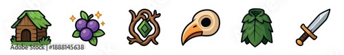Set of fantasy RPG game icons featuring a wooden hut, magic berries, a nature amulet, a bird skull mask, a leafy green cloak, and a sword for a video game user interface