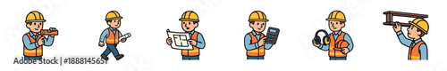 Set of construction worker cartoon characters in yellow hard hats and safety vests performing various tasks like using a level, reading blueprints, and calculating