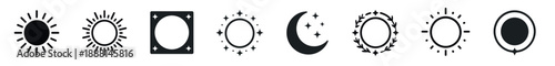 Collection of black celestial icons showing the sun, moon, and stars in various minimalist styles for astrology and esoteric design, presented in a simple graphic vector set