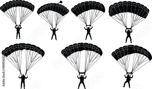 Parachutist icon set with varied descent poses and canopy shapes, vector illustration, editable design, isolated skydiving symbols