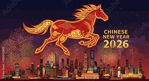 A vibrant illustration celebrating Chinese New Year 2026 with a majestic red and gold zodiac horse galloping above a festive city skyline illuminated by fireworks.