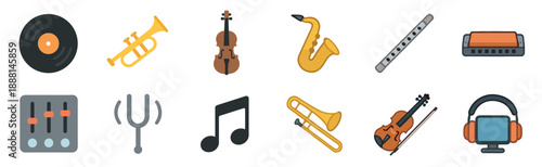 Set of colorful music icons featuring various instruments and equipment like a vinyl record, trumpet, violin, saxophone, flute, and headphones in a flat design style