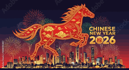Vibrant Chinese New Year 2026 celebration with a majestic red and gold horse galloping over a sparkling city skyline under a sky filled with colorful fireworks.
