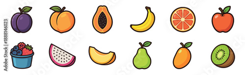 Colorful collection of various cartoon fruit icons including plum, peach, papaya, banana, and apple, drawn in a simple, cute vector illustration style with bold outlines