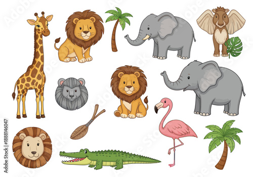 Cute cartoon African safari animals set including giraffe, lions, crocodile, palm tree and tribal spear isolated on white background