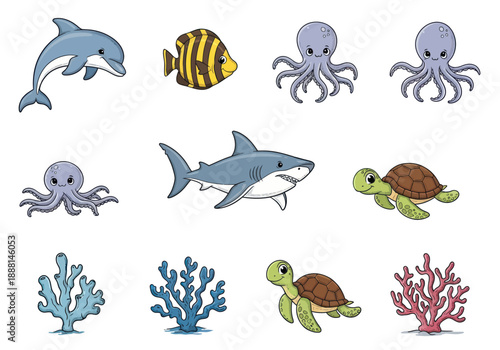 Cute cartoon ocean animals and coral illustrations with dolphin, fish, octopus, shark, and coral reef elements on white background