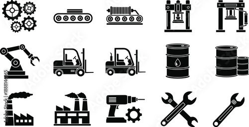 PrintBlack and White Vector Icon Set of Industrial Manufacturing Equipment Featuring Forklifts Robotic Arms Gears Conveyor Belts Factory Buildings and Oil Barrels Isolated