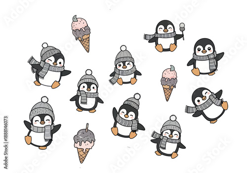Cute cartoon penguins wearing winter hats and scarves with ice cream cones seamless pattern on white background, fun cold weather and dessert illustration