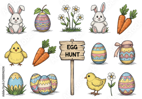 Hand-drawn Easter collection with cute bunny, chick, decorated Easter eggs, carrots, and spring flowers for seasonal holiday celebration