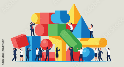 Business team collaborating to assemble giant abstract geometric structure.