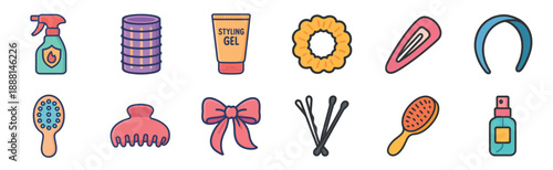 Set of twelve colorful hair care and styling accessory icons featuring a brush, rollers, scrunchie, gel, and clips in a flat cartoon illustration style for beauty concepts