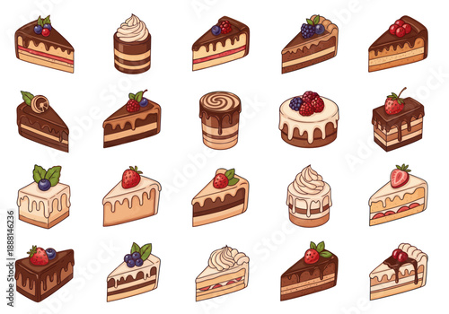 Seamless pattern of assorted hand-drawn cakes and desserts with chocolate, berries, and cream toppings on white background for bakery and sweets design