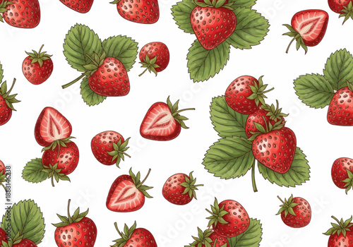 Seamless pattern of fresh red strawberries with green leaves and sliced fruit on white background, healthy summer food illustration