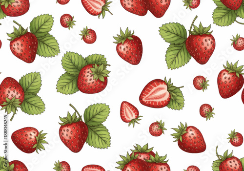 Seamless pattern of fresh red strawberries with green leaves on white background, hand-drawn summer fruit illustration for textile and packaging design