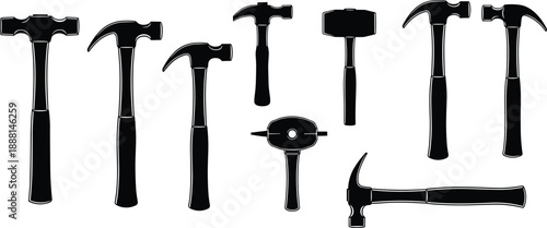 PrintBlack and white vector illustration set of ten different hammer tool designs, including claw, flat and rounded heads, construction, carpentry and metalworking equipment collection