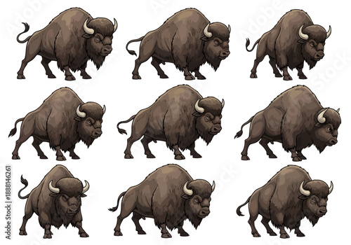 Seamless pattern of strong buffalo animals in different poses isolated on white background realistic vector illustration