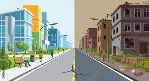 Split city street landscape showing wealth gap and economic inequality.