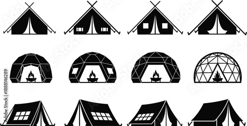 PrintBlack and white vector illustration set of twelve camping tent and dome icons, including A frame, geodesic and cabin styles, outdoor glamping accommodation design collection
