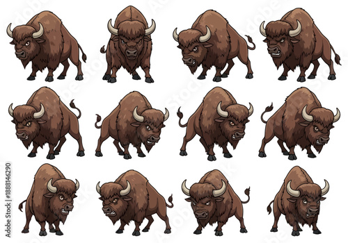 Set of fierce cartoon bison illustrations showing different aggressive expressions and poses with brown fur and horns isolated on white