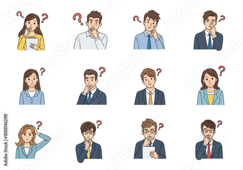 Set of puzzled young professionals and business people with question marks showing confusion and uncertainty in office attire, businesswoman and businessman thinking
