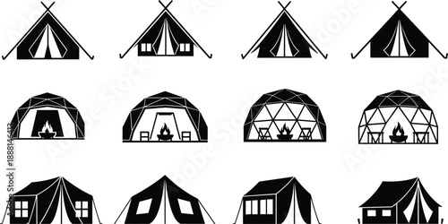 PrintBlack and white vector illustration set of twelve tent and glamping accommodation icons, including dome, safari and cabin styles, camping outdoor hospitality design collection