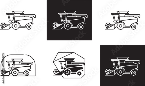 A collection of combine harvester icons in different styles and colors Vector