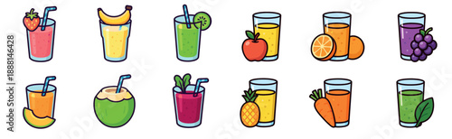 Collection of colorful fruit and vegetable juice and smoothie icons in a flat cartoon style, showing various healthy drinks like orange, apple, grape, strawberry, and carrot