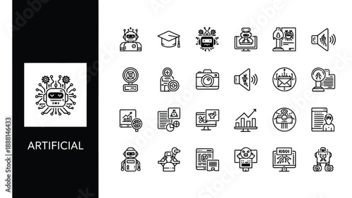A collection of line art icons representing artificial intelligence learning technology and digital concepts high quality