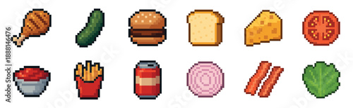 Pixel art food and drink icons set including a burger, chicken leg, fries, soda can, cheese, and vegetables in a retro 8-bit video game style