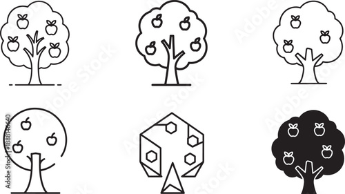 Six vector icons of apple trees with fruit, showcasing different art styles Vector