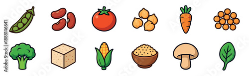 Set of colorful vegan food icons featuring vegetables, legumes, and grains like broccoli, tomato, corn, beans, and tofu in a simple cartoon illustration style for healthy eating
