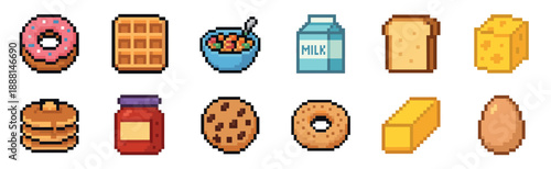 Pixel art breakfast food and drink icons set featuring a donut, waffle, cereal, milk, toast, cheese, and pancakes in a colorful retro 8-bit video game graphic style