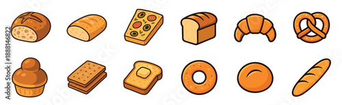 Collection of various bread and pastry icons illustrated in a clean cartoon style with thick outlines, showing different baked goods like loaves, croissants, and pretzels