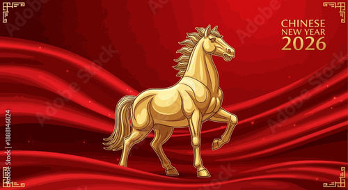 A golden horse on a vibrant red background with "Chinese New Year 2026" text, symbolizing prosperity and good fortune.